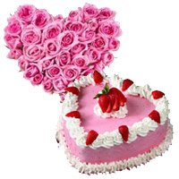 Best Online  Valentine Flowers to Hyderabad. 24 Pink Roses Heart 1 Kg Strawberry Heart Cake to Secunderabad