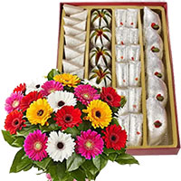 Order Diwali Flowers for 500 gm Assorted Kaju Sweets with 12 Mix Gerbera Flowers to Hyderabad