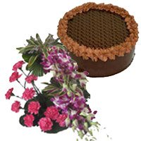 Send Diwali Gift in Hyderabad that contains 6 Orchid 12 Pink Carnation, 1 Kg 5 Star Chocolate Cake