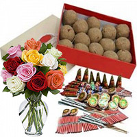 Crackers to Hyderabad comprising 500gm Atta Laddoos and 12 Mix Roses in Glass Vase with Assorted Crackers worth Rs 1800.