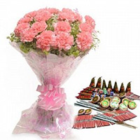 Send Diwali Gifts to Hyderabad with Crackers that includes 24 Pink Carnation Bouquet with Assorted Crackers worth Rs 1500.