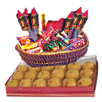 Diwali Gifts in Hyderabad Cpmprising 1 Kg Besan Laddoos with Assorted Crackers worth Rs 2000.