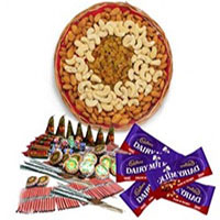 Crackers for Children that includes Diwali Gifts to Hyderabad 1 Kg Assorted Dry Fruits and 5 Dairy Milk with Assorted Crackers worth Rs 600.
