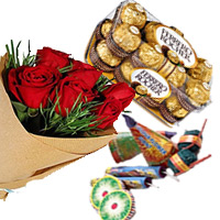 Diwali Gifts to Hyderabad. 16 Pcs Ferrero Rocher and 12 Red Roses Bunch with Assorted Crackers worth Rs 500.