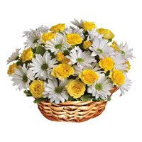 Flower Delivery in Hyderabad delivers Yellow Roses White Gerbera Basket 24 Flowers to Tirupati