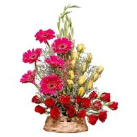 Valentine's Day Flower Delivery in Hyderabad delivers Pink Gerbera Yellow Red Roses Basket 30 Flowers to Hyderabad
