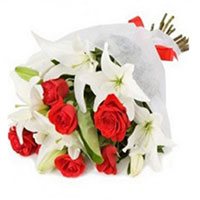 This Friendship Day Send Online 3 White Lily and 9 Red Roses Bouquet to Hyderabad