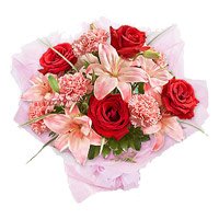 Send Diwali Flowers to Hyderabad consist of 3 Pink Lily 6 Red Rose 6 Pink Carnation Flower Bouquet to Hyderabad