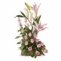 Same Day Valentine Flowers to Hyderabad having 4 Pink Lily 20 Pink Roses Basket