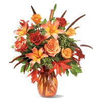Online Valentine's Day Flowers to Hyderabad comprising 4 Orange Lily 8 Roses Flower Arrangement