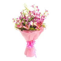 Best Diwali Flowers to Hyderabad. Pink Lily Purple Orchid Bouquet 12 Flowers in Hyderabad