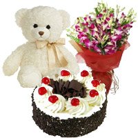 Send Bouquet of 10 Orchids with 6 inch Teddy and 1 kg Black Forest Cake. Diwali Gifts to Hyderabad