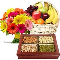 Friendship Day Gifts to Hyderabad including 12 Mix Gerberas, 3 Kg Fresh Fruit Basket, 0.5 Kg Mixed Dry Fruits