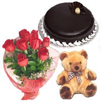 Send Online New Year Flowers and Cakess to Hyderabad. Bunch of 12 Red Roses, 1 kg Chocolate Truffle Cake, 9 inch Teddy