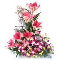 Online Valentine's Day Flowers to Hyderabad send to 6 Pink Lily 6 Orchids Flower Arrangement