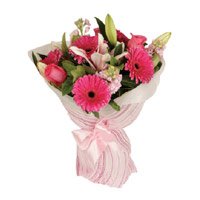 Get Pink Gerbera combined of Lily Roses Bouquet 15 Diwali Flowers to Hyderabad