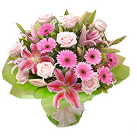 Send Online Pink Lily, Gerbera, Roses Bouquet 15 Flowers in Hyderabad India. Friendship Flowers to Hyderabad