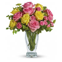 Diwali Flowers Deliver Pink Yellow Roses in Vase 20 Flowers Hyderabad