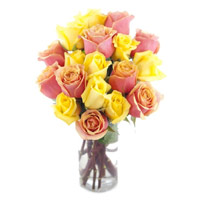 Order Online Diwali Flowers to Hyderabad containing Yellow Pink Roses Vase 15 Flowers in Hyderabad