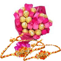 Online Rakhi Delivery in Hyderabad with Pink Roses 10 Flowers 16 Pcs Ferrero Rocher Bouquet