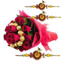 16 pcs Ferrero Rocher 24 Red Roses Bouquet with 3 Rakhi