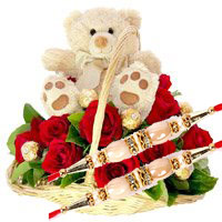 Send Rakhi Gifts in Hyderabad with 12 Red Roses, 10 Ferrero Rocher and 9 Inch Teddy Basket on Rakhi