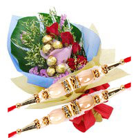 Send 6 Red Roses 10 Pcs Ferrero Rocher Bouquet to Hyderabad on Rakhi. Send Rakhi Gifts to Hyderabad