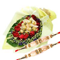 Deliver 12 Red Roses with 10 Ferrero Rocher Bouquet. Online Rakhi Gifts to Hyderabad