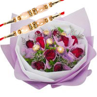 Online Rakhi Gift Delivery of 12 Red Roses 5 Ferrero Rocher Bouquet Hyderabad
