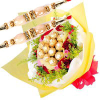 Rakhi and Rakhi Gift Delivery to Hyderabad. 12 Red Pink Roses 16 Pcs Ferrero Rocher Bouquet