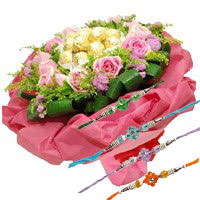 Send 24 Pink Roses 24 Pcs Bouquet of Ferrero Rocher Rakhi Chocolate Delivery in Hyderabad