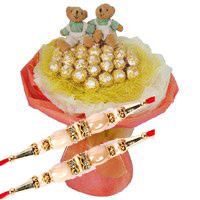 Order for 16 Pcs Ferrero Rocher Chocolate and Rakhi to Hyderabad with Twin 6 Inch Teddy Bouquet on Rakhi