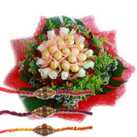 Send 16 Pcs Ferrero Rocher Chocolate with Rakhi to Hyderabad and 24 Red White Roses Flowers Bouquet to Hyderabad