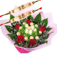 Send Rakhi Gifts to Hyderabad. Online 10 Pcs Ferrero Rocher with 10 Red White Roses Bouquet to Hyderabad