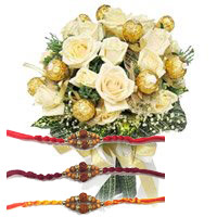 Rakhi Gifts Delivery in Hyderabad that includes 16 Pcs Ferrero Rocher with 16 White Roses Bouquet