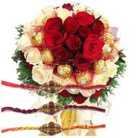 Rakhi with Chocolate Gifts to Hyderabad and 36 Red White Roses with 16 Pcs Ferrero Rocher Bouquet